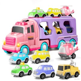 BLmukce 7-in-1 Construction Truck Toys for Toddlers 1-9 Year Old Boys Girls, Friction Powered Vehicles Set with Cars & Helicopter (Pink