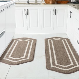 COSY HOMEER Long Kitchen Floor Mats for in Front of Sink Super Absorbent Kitchen Rugs and Mats 24"x48"+24"x59"Non-Skid Kitchen Mat Standing Mat Washable,Polypropylene,Brown,Frame