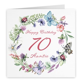 Hunts England - Large Auntie 70th Birthday Card - Happy Birthday - 70 - Auntie - Meadow Collection - Flowers, Butterflies, Pretty Card - Large - 210 x 210 mm - Age 70