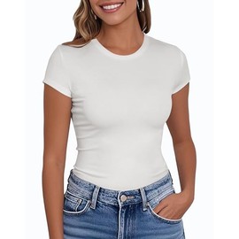 PALINDA Women's Fitted T Shirts Crew Neck Short Sleeve Tees Basic Casual Stretchy Tshirt Tops (Creamy White M)
