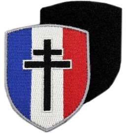 Lorraine Cross Shield-shaped Badge, Military Patch, French Flag with Velcro Back, Historical Free France, Embroidered, 7.5 x 6.5 cm