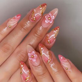 24Pcs Flower Press on Nails Medium Almond Fake Nails 3D Pearl Rhinestones Gold Beads White Hibiscus Flowers False Nails Hibiscus Floral Glue on Nail Artificial Nails for Women Daily Nail Decoration