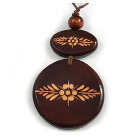 Avalaya Long Cotton Cord Wooden Pendant with Floral Motif In Dark Brown - 76cm L