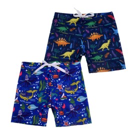 NautySaurs 2-Pack Boys Swimming Trunks Toddler Kids Dinosaur Swim Shorts Cute Shark Clownfish Swimwear, Dinosaurs + Underwater World, 7-8 Years