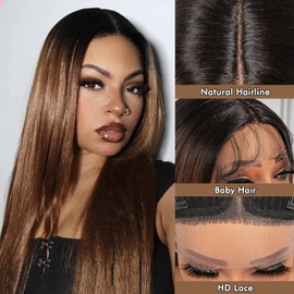 ToyoTress Ombre Brown Synthetic Lace Front Wig - 26 Inch 13x4x1 Tangle-free Synthetic Lace Frontal Wigs Pre-Plucked Long Straight Glueless HD Lace Wigs For Women (26 Inch, OM30-Mid-Part)