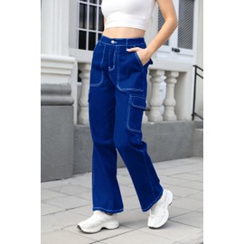 Womens Cargo Denim Jeans High Waisted Stretchy Flap Pocket Straight Leg Pants