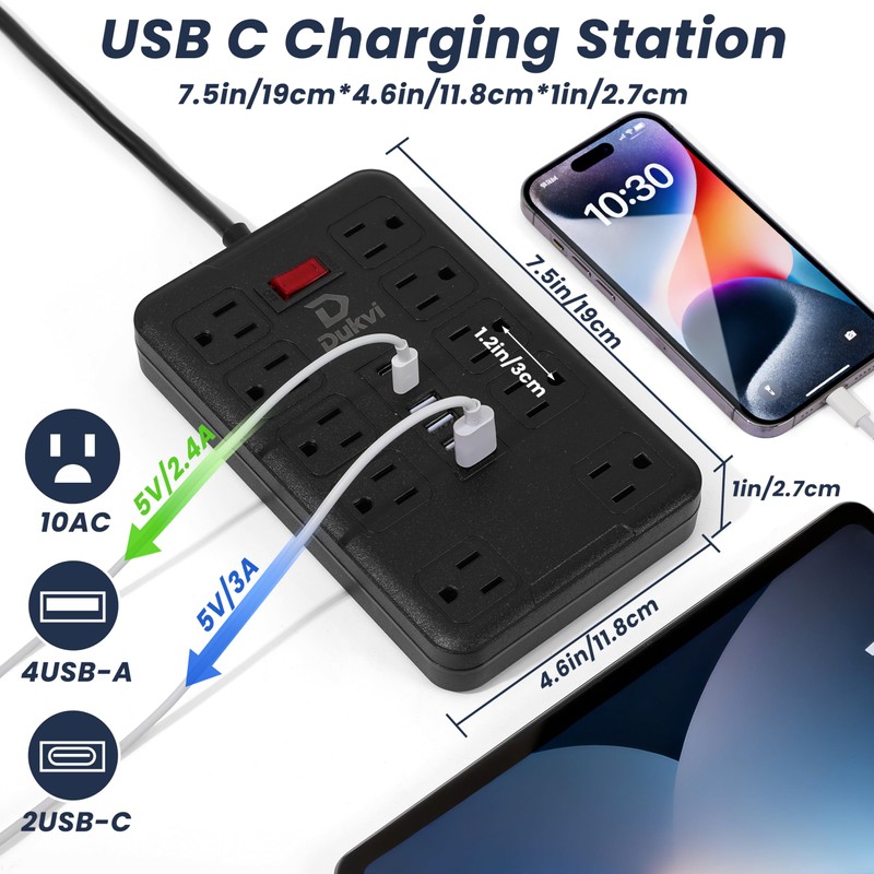 DUKVI Surge Protector Power Strip with 10 Widely-Spaced Outlets &