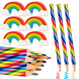 Tenare Pack of 24 Rainbow Colouring Pencils Set 12 Rainbow Pens with 12 Rainbow Erasers 4 in 1 Coloured Pencils Colourful Pencils Painting Drawing Birthday for Children Adults School Crafts
