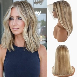 Belaved Highlights Bob Wigs Human Hair 13X6 for White Women Ombre #8 Brown to 60# Platinum Blonde 13x6 Straight Short Bob Lace Front Wig Human Hair 14 Inch Pre Plucked Pre Cut Glueless Wigs