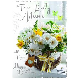 Jonny Javelin Lovely Mum Birthday Card - Happy Birthday Card with Spring Floral Basket Design and Embossed Foil and Flitter Details - Birthday Card for Women