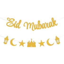 Eid Mubarak Banner - Happy Eid Party Decor, Moon and Star Ramadan Home Mantel Fireplace Decoration Gold Glitter