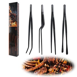 4 Pcs Kitchen Fine Tweezer Tongs Set, 12" Extra-Long Stainless Steel Food Tweezers, Professional Precision Cooking Tweezers for BBQ, Seafood, Baking, Garnishing & Repairing (Black)