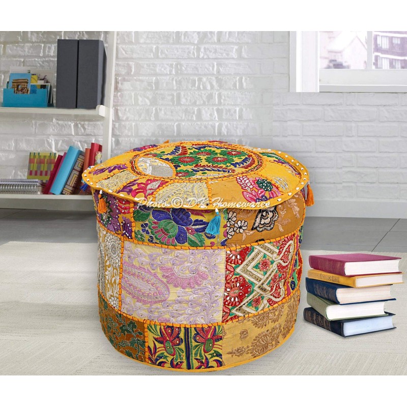 DK Homewares Indian Round Stool Patchwork Embroidered Cotton with Removable