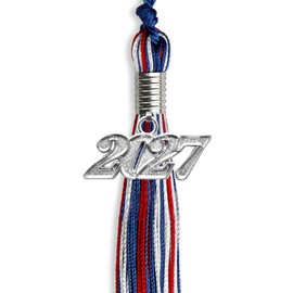 Endea Graduation Mixed Triple Color Tassel with Silver Date Drop (Royal Blue/Red/White, 2027)