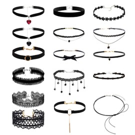 16 Pcs Choker Necklace for Women, Classic Black Choker Necklace Set, Adjustable Vintage Velvet Chokers Black Lace Choker Gothic Collar Necklaces Jewelry Accessories for Women