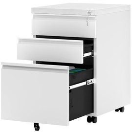 YITAHOME 3-Drawer Vertical File Cabinet, Mobile Metal Filing Cabinet with Lock for Legal/Letter Size, Pre-Built Office Storage File Cabinet Except Wheels Under Dese, White