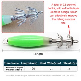 Taicols Squid Jig Fishing Lure, 5 Pcs Luminous Calamari jigs Hooks, Plastic Baits Tackle Fishing Gear Artificial Spinner Lures Kit Jig Hook Luminous Tail Glow in Dark Metal Jig Metal Jig Lure (Green)