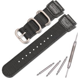 18mm Nylon Watch Strap Compatible with Casio A158WA F108WH A168WA-1 AE1200WH W800HG MRW200H W735H AE-1300WH Replacement band Leather Bracelet (Black with silvery Metal ring)
