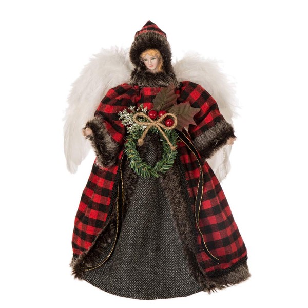 Glitzhome Handmade Plaid Angel Figurine Christmas Treetop Ornament Decoration 12" H - Red & Black