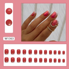 Vezocim Aurora Red Press on Nails Square Short, 24Pcs Glossy Artificial French Fake Nails with Designs, Full Cover Acrylic Coffin False Fingernails with Charm for Women Girls
