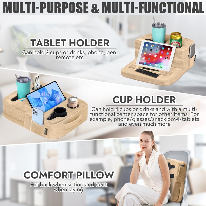 TabCouchCaddy - Couch Cup Holder Tray Pillow - Bed, Couch