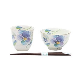 セラミック藍 花ことば 飯碗湯呑 パンジー 天宝箸付 40487