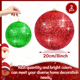 2Pack Christmas Balls Xmas Ball Tree Hanging Ornaments Glitter Christmas Ball for Christmas Tree Party Wedding Indoor Outdoor Holiday Decoration (Red,Green, 8inch-2pcs)