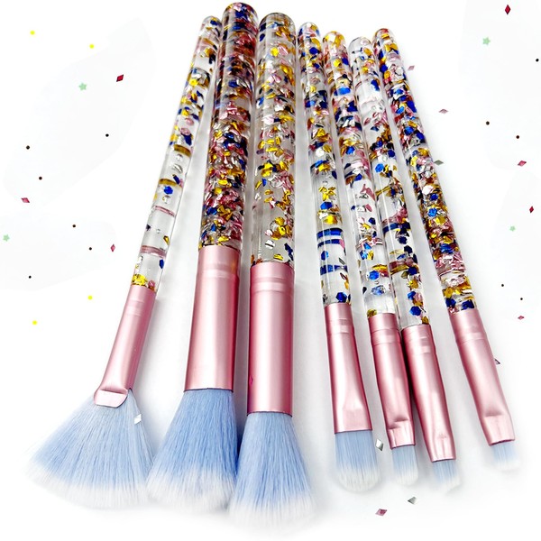 Zoolinn 7PCS Blue Unicorn Fan Makeup Brush Set with Crystal