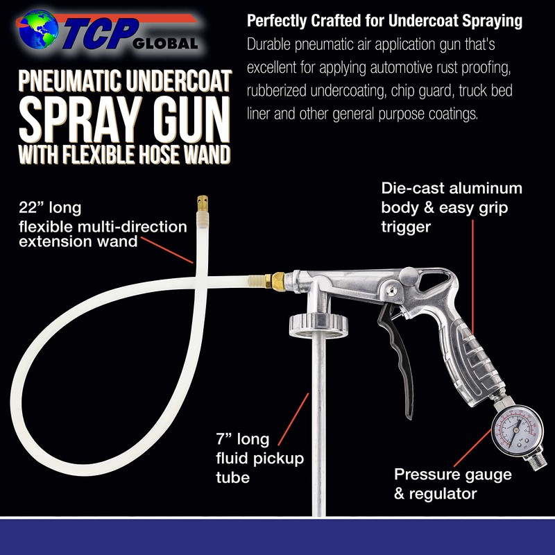TCP Global Air Undercoating Spray Gun with Gauge, Includes 22"