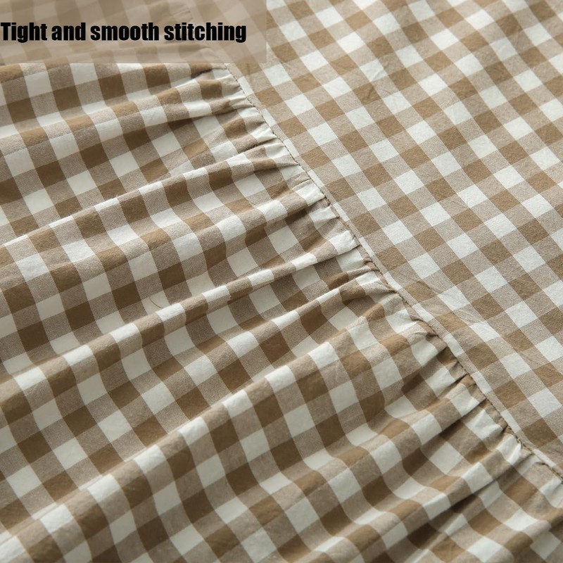 Silnuo Taupe/White Plaid Bed Skirt Washed Cotton Shabby Gingham Checkered