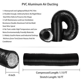 Omont Aluminum Flexible Ducting 4 Inch 16FT PVC Air Duct with 2 Clamps Great for Dryer Rooms, Grow Tents, Kitchen,Portable Air Conditioner
