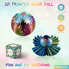 Gear Ball-3D Printed Gear Sphere , 3D Printed Gear Toy Spin Ball Cube Fidget Toy,The Steampunk Whirling Wonder Fidget Ball Toy,Stress Ball for Adult and Kids (Red Yellow Blue)