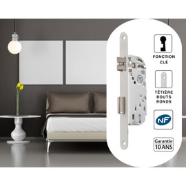 Vachette Mortice Lock with Key Axle 40mm Trunk 135mm NF Level 2 - D25 Reversible No Disassembly Round Ended Cuff - Interior Door Bedroom Office - White Strike Plate 1