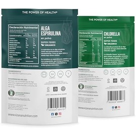 VIZANA NUTRITION  Chlorella y Espirulina Orgánica Certificadas USDA en Polvo 300g, (Pack- 1 Bolsa de Chlorella 100gr y 1 Bolsa de Espirulina 200 gr)