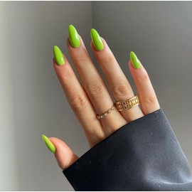 KQueenest Acrylic Press on Nails Almond Medium Length, Light Green False Nails Almond, Glossy Solid Color Stiletto Fake Nails Set, Natural Reusable Gel Stick on Nail for Women Finger Daily Wear 24 Pcs