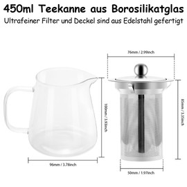 Honneeo Theiere Avec Infuseur 450 ml Théières en Verre Borosilicate, Bouilloire à Thé Qui va Sur la Cuisinière pour Thé en Vrac, Tisane, Thé aux Fruits