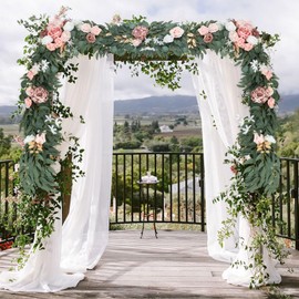 IPOPU 6Ft Artificial Eucalyptus Garland with Rose and Peony Flowers Fake Spring Flower Garland Faux Greenery Floral Garland for Table Decor Wedding Reception Party Mantle Decorations (Dusty Pink)