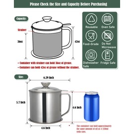 Tellshun Bacon Grease Container with Strainer 1.25 L / 42 oz Strong Kitchen Catcher Food-grade Stainless Steel Cooking Oil Keeper with Lid and Easy-Grip Handle Suitable for Storing Frying Oil
