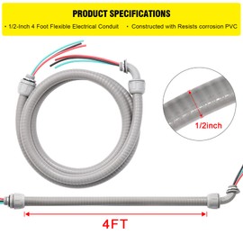 Power Whip Assembly Kit -1/2" x 4ft Non-Metallic Liquid Tight with 10 Gauge Wire Electrical AC Whip Kit Flexible Electrical Conduit & straight/90°fittings