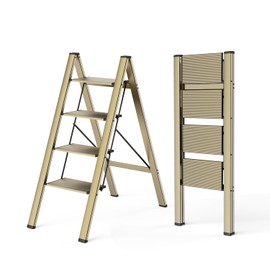 WOA WOA 4 Step Ladder, Foldable Step Stool, Aluminum Lightweight Ladder for Home Kitchen Closet, Anti-Slip Pedals, Ease of Folding, Portable, 300lbs Capacity - Gold
