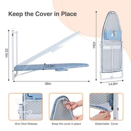 KINGBOARD Wall Mounted Ironing Board with Iron Holder, Compact Ironing Board for Small Spaces, Foldable Iron Stand Heat Resistant Cover, 36" X 12" Deep Blue