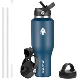 SENDESTAR 40oz Stainless Steel Water Bottle(Cold for 48 Hrs, Hot for 24 Hrs),Double Wall Vacuum Insulated Bottle with Straw Lid, Spout Lid and Flex Cap, Fit in Any Car Cup Holder，Navy