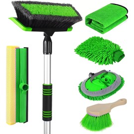 62'' Car Wash Brush with Long Handle, Scratch-Free Soft Bristles Sturdy Car Wash Mop, Complete Cleaning Brush Kit Wash Mitt Towel Windshield Squeegee Wheel Tire Brush for Car Truck RV Green