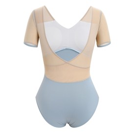 IWEMEK Ballet Jersey Women's Mesh Short Sleeve Ballet Suit Gymnastics Ballet Body V-Neck Bodysuit Body Sport Gymnastics Leotard Top Costume, blue, XL
