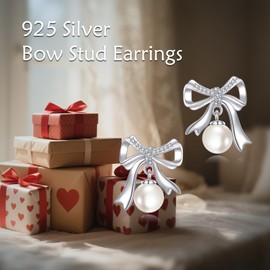 SHEAISRS Bow Pearl Earrings Sterling Silver Bow Stud Earrings For Women Freswater Pearl Earrings Jewelry