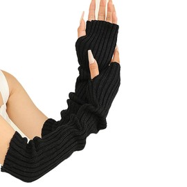 FSSTUD Women Knitted Arm Warmers Long Warm Arm Sleeves Fingerless Thumb Hole Gloves Winter Wrist Warmers Over Elbow Gloves Black