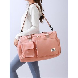 2024 Summer Women's Fashion Large Capacity Travel Bag, Solid Color Letter Patch Zipper Pocket Travel Bag, Casual Lightweight Travel Bag for Gym & Short Business Trips:_Pink_Please Refer To The Pictures for Dimensions