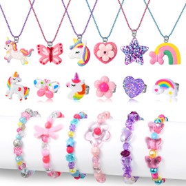 Lorfancy 18 PCS Kids Jewelry for Girls Bracelets Necklaces Rings Set Toddler Unicorn Butterfly Beaded Bracelet adjustable colorful Friendship Dress up Jewelry Gifts (A)