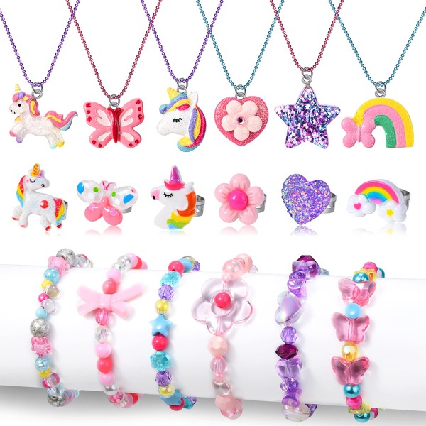 Lorfancy 18 PCS Kids Jewelry for Girls Bracelets Necklaces Rings Set Toddler Unicorn Butterfly Beaded Bracelet adjustable colorful Friendship Dress up Jewelry Gifts (A)