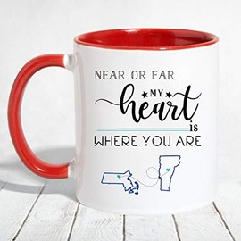 Mother Day, Father Day Gift Distance Mug - Near Or Far My Heart Is Where You Are - Long Distance Mug State Map (MA VT) Massachusetts Vermont - Accent Mug 11 OZ (Red)